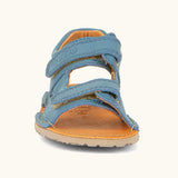 Front of Froddo barefoot kids natural leather sandal in light blue with 2 velcro straps and grippy rubber sole