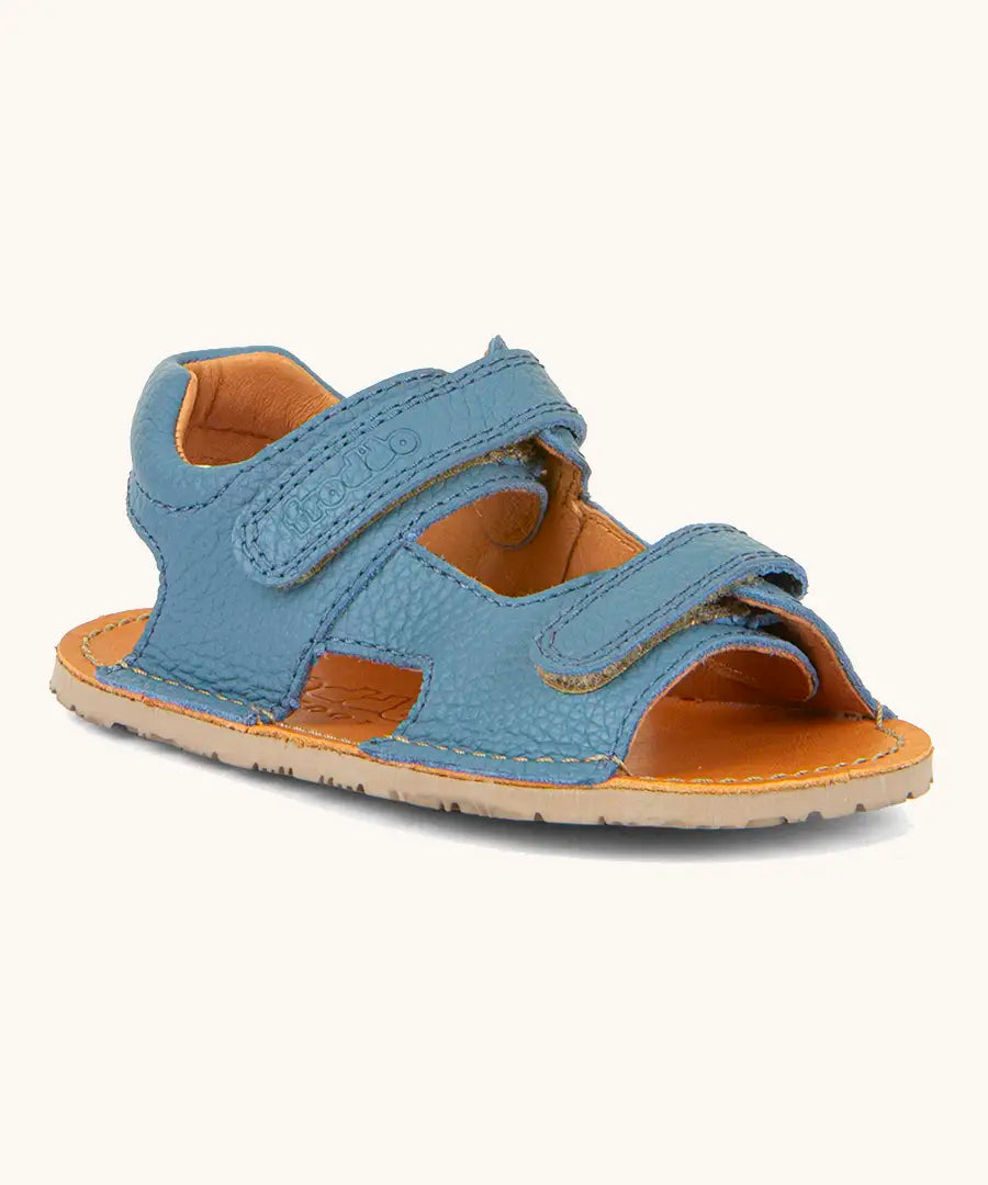 Froddo barefoot kids natural leather sandal in light blue with 2 velcro straps and padded ankle support 