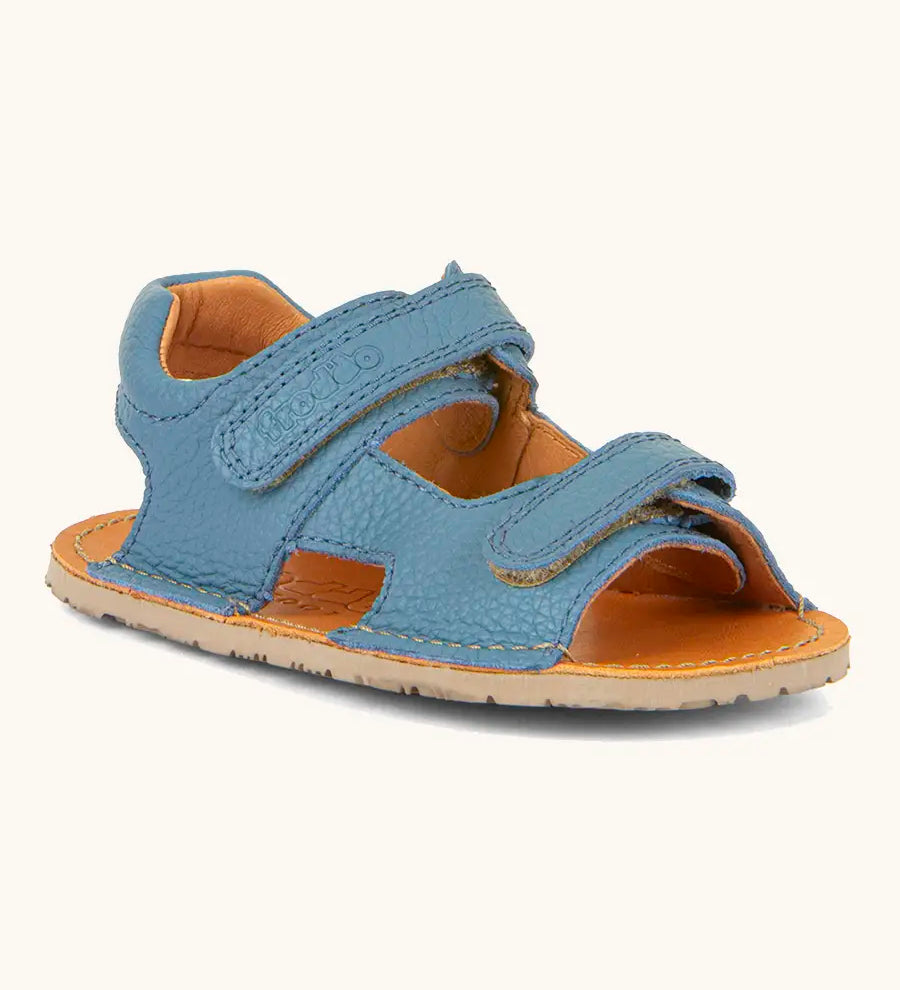Froddo barefoot kids natural leather sandal in light blue with 2 velcro straps and padded ankle support 