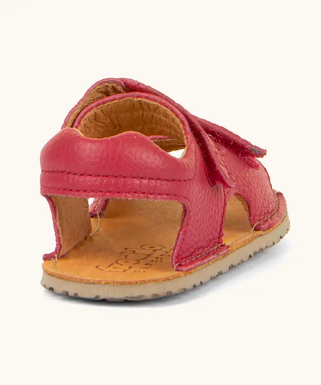 Froddo barefoot kids natural leather sandal in red showing the padded ankle support 