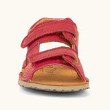 Front of Froddo barefoot kids natural leather sandal in red with 2 velcro straps and grippy rubber sole