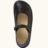 Top view of the Froddo barefoot kids natural black leather school shoe. A dolly shoe with a velcro fastener and heart decoration on the front