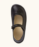 Top view of the Froddo barefoot kids natural black leather school shoe. A dolly shoe with a velcro fastener and heart decoration on the front