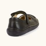 Back of Froddo barefoot kids natural black leather school shoe. A dolly shoe with a small padded ankle support