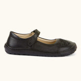 Side of Froddo barefoot kids natural leather school shoe showing the velcro strap