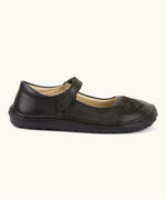 Side of Froddo barefoot kids natural leather school shoe showing the velcro strap