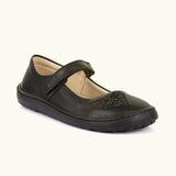 Froddo barefoot kids natural black leather school shoe. A dolly shoe with a velcro fastener and heart decoration on the front