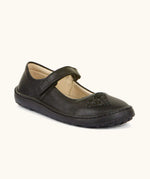 Froddo barefoot kids natural black leather school shoe. A dolly shoe with a velcro fastener and heart decoration on the front