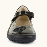 Front of Froddo barefoot kids black patent school shoe. A dolly shoe with a heart decoration on the front