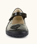 Front of Froddo barefoot kids black patent school shoe. A dolly shoe with a heart decoration on the front