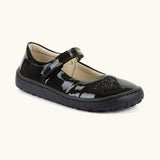 Froddo barefoot kids in black patent school shoe. A dolly shoe with a velcro fastener and heart decoration on the front