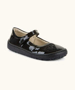 Froddo barefoot kids in black patent school shoe. A dolly shoe with a velcro fastener and heart decoration on the front