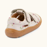 Back of the Froddo barefoot children's sandal in pink with flowers showing the padded ankle support and brown grippy sole