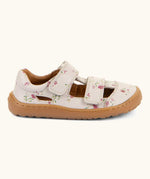Froddo barefoot natural leather kids sandal in pale pink with flowers showing 2 velcro fasteners and a grippy sole