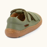 Back of the Froddo barefoot children's sandal in green showing the padded ankle support and brown rubber sole