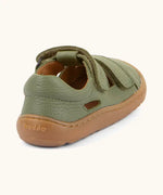 Back of the Froddo barefoot children's sandal in green showing the padded ankle support and brown rubber sole