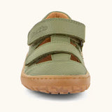 Front of the Froddo barefoot children's sandal in green showing 2 velcro fasteners and the brown rubber sole