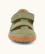 Front of the Froddo barefoot children's sandal in green showing 2 velcro fasteners and the brown rubber sole