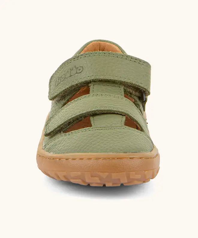 Front of the Froddo barefoot children's sandal in green showing 2 velcro fasteners and the brown rubber sole