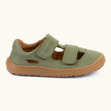 Froddo barefoot children's sandal in green. A natural leather low profile shoe showing 2 velcro fasteners and a rubber  sole