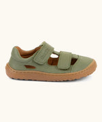 Froddo barefoot children's sandal in green. A natural leather low profile shoe showing 2 velcro fasteners and a rubber  sole