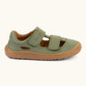 Froddo barefoot children's sandal in green. A natural leather low profile shoe showing 2 velcro fasteners and a rubber  sole