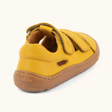 Back of the Froddo natural leather barefoot children's sandal in yellow showing the padded ankle support and brown rubber sole