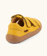 Back of the Froddo natural leather barefoot children's sandal in yellow showing the padded ankle support and brown rubber sole