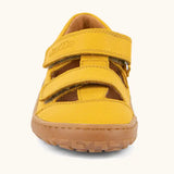 Front of the Froddo natural leather barefoot children's sandal in yellow showing 2 velcro fasteners and a brown rubber sole