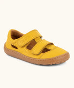 Froddo natural leather barefoot children's sandal in yellow showing 2 velcro fasteners and a brown rubber sole
