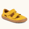 Froddo natural leather barefoot children's sandal in yellow showing 2 velcro fasteners and a brown rubber sole