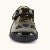 Front of Froddo barefoot kids school shoe in black patent material showing t-bar velcro and heart decration.