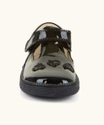 Front of Froddo barefoot kids school shoe in black patent material showing t-bar velcro and heart decration.