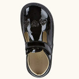 Top view of the Froddo barefoot kids school shoe in black patent material showing heart decoration on the front