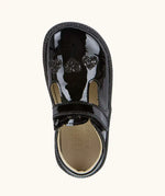 Top view of the Froddo barefoot kids school shoe in black patent material showing heart decoration on the front
