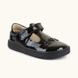 Froddo barefoot kids Sandra school shoe in black patent material with a t-bar velcro fastener and hearts on the front