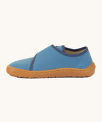 A side image of the Froddo barefoot kids slipper in denim blue available at Babipur showing the stitching detail on the grippy sole
