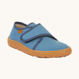 Froddo barefoot kids slipper in denim blue available at Babipur. A canvas style slipper shoes with a velcro fastener for a secure fit and a dark brown grippy sole