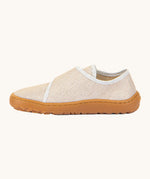 A side image of the Froddo barefoot kids slipper in gold shine available at Babipur showing the velcro fastener detail