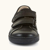 Front of Froddo barefoot natural leather kids Steve school shoe in black with 2 velcro straps 
