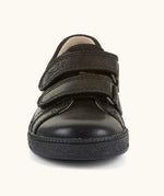 Front of Froddo barefoot natural leather kids Steve school shoe in black with 2 velcro straps 