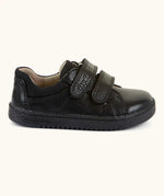 Side of Froddo barefoot school shoe in black with 2 front velcro straps and a padded ankle support