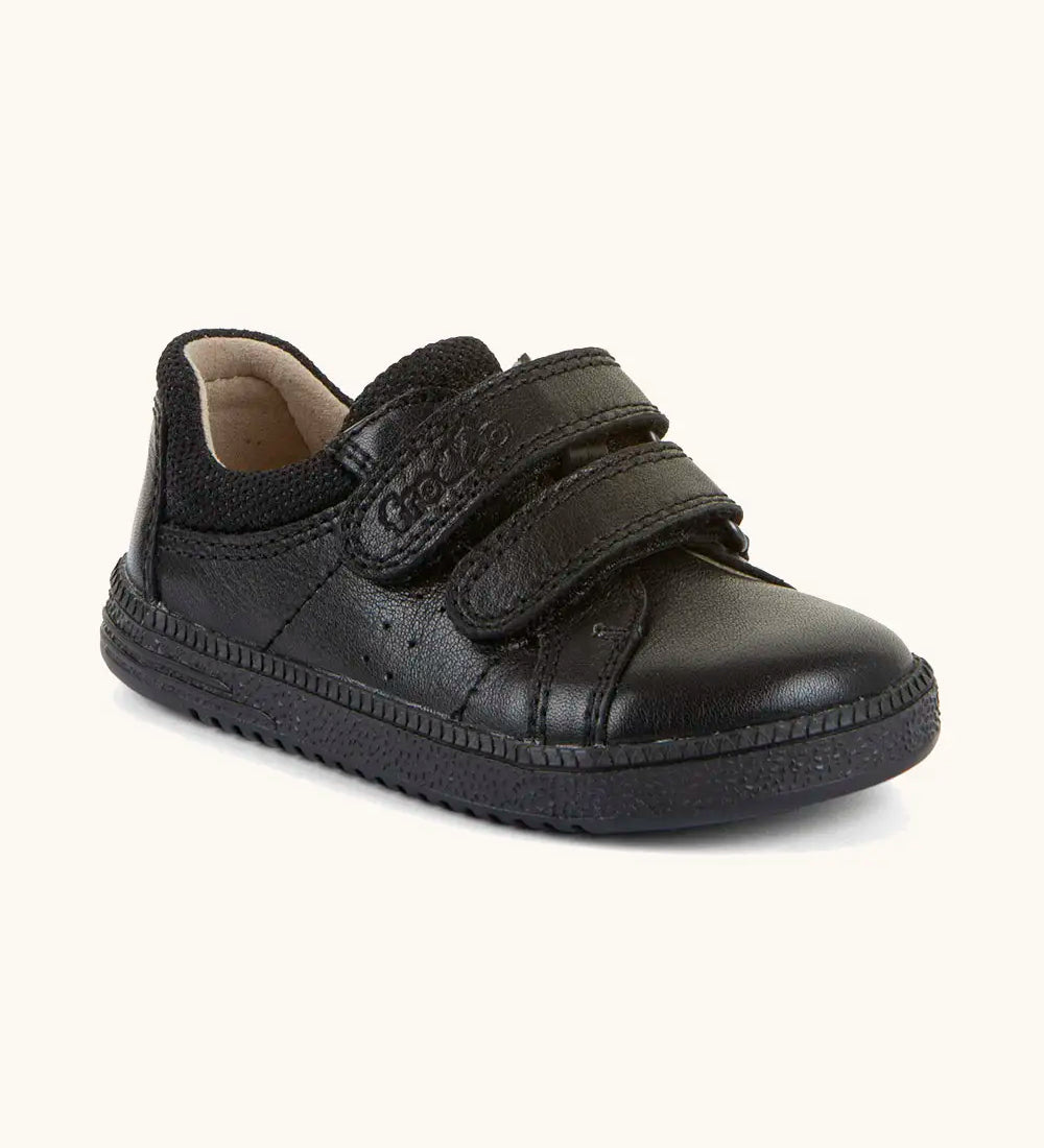 Froddo barefoot natural leather kids Steve school shoe in black with 2 front velcro straps and a padded ankle support