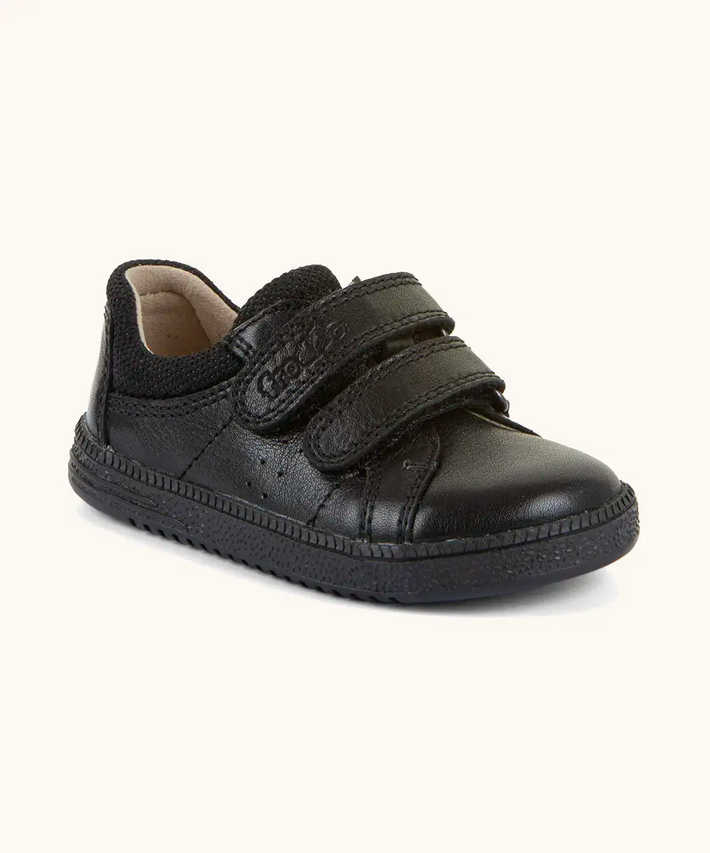 Froddo barefoot natural leather kids Steve school shoe in black with 2 front velcro straps and a padded ankle support
