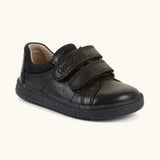 Froddo barefoot natural leather kids Steve school shoe in black with 2 front velcro straps and a padded ankle support