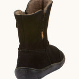 Back of Froddo barefoot kids suede tex boots in rusty brown showing fluffy fleece inner liner and brown rubber sole