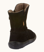 Back of Froddo barefoot kids suede tex boots in rusty brown showing fluffy fleece inner liner and brown rubber sole