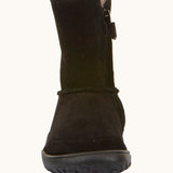 Front of Froddo barefoot kids suede tex boots in black. Boot is a mid calf boot shape