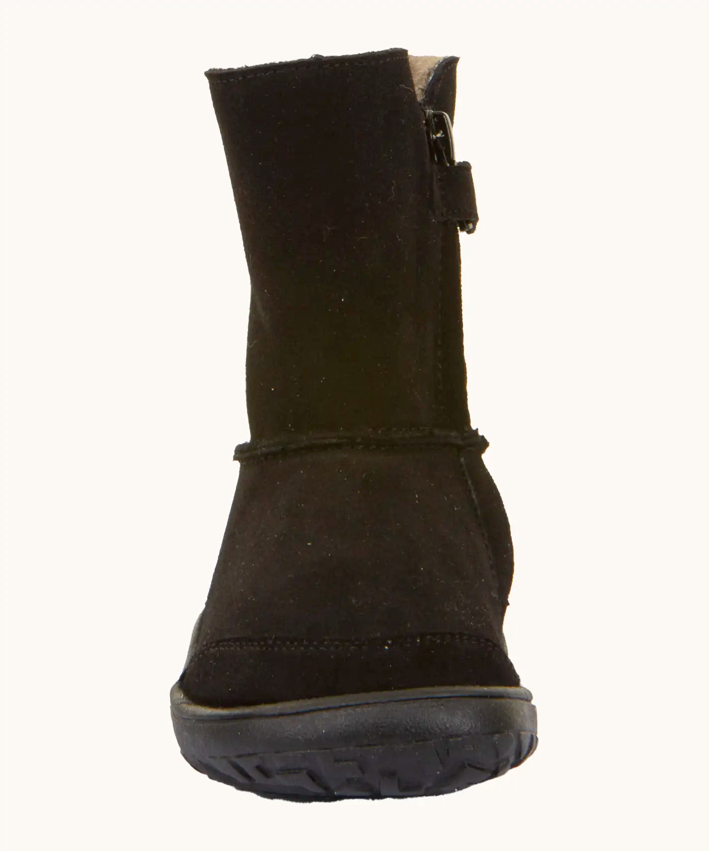 Front of Froddo barefoot kids suede tex boots in black. Boot is a mid calf boot shape