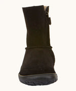 Front of Froddo barefoot kids suede tex boots in black. Boot is a mid calf boot shape